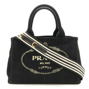 Prada Canapa Tote Bag Shoulder Striped Strap Canvas NERO Black Duty